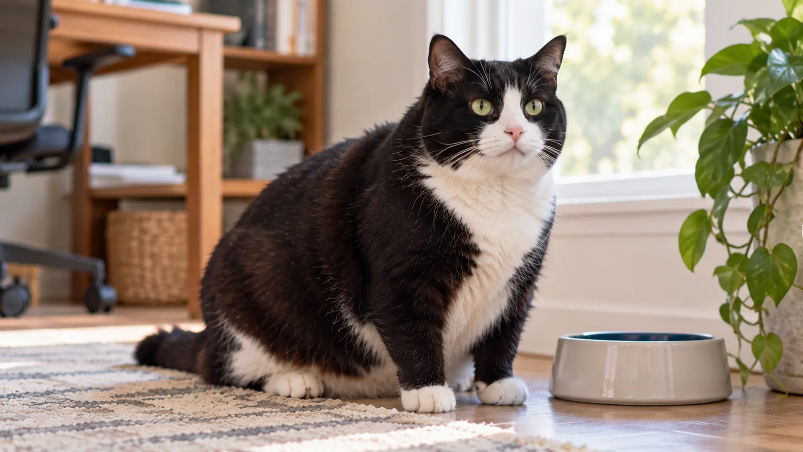 An overweight black and white cat sitting on a rug beside a stainless steel food bowl.